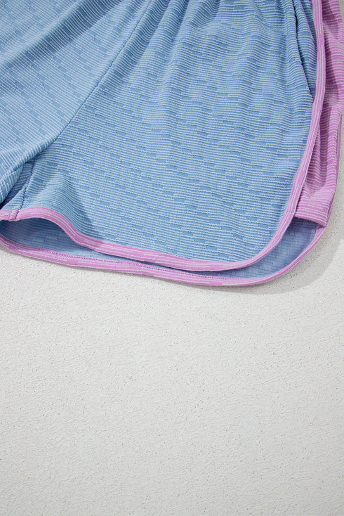 Sporty Casual Corded Knit Contrast Trim Cap Sleeve Top And Matching Shorts Set